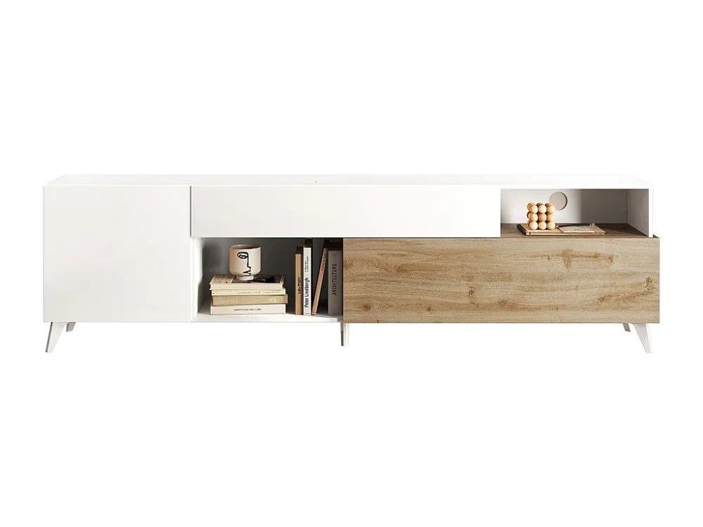 Tv-meubel met 2 deurtjes, 1 lade en 2 nissen - 241 cm - Houtlook en wit gelakt - DONALA