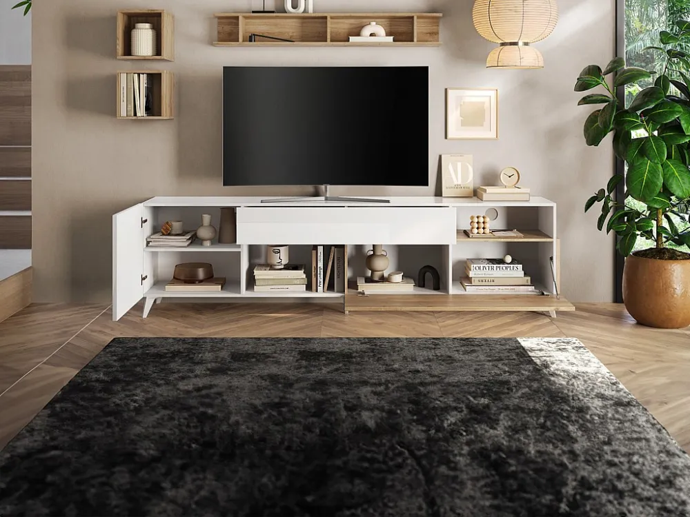 Tv-meubel met 2 deurtjes, 1 lade en 2 nissen - 241 cm - Houtlook en wit gelakt - DONALA