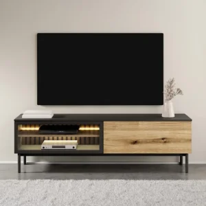 Tv-meubel met 2 deurtjes en ledverlichting - Houtlook en zwart - LABENIA