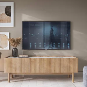 Tv-meubel met 3 deurtjes - Licht naturel en wit marmereffect - SITOLI