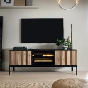 Tv-meubel met 3 deurtjes met ledverlichting van mdf en gerookt glas - Licht naturel en zwart - OVILA