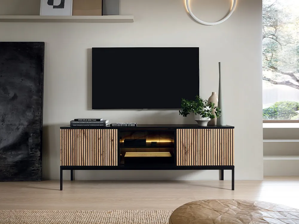 Tv-meubel met 3 deurtjes met ledverlichting van mdf en gerookt glas - Licht naturel en zwart - OVILA