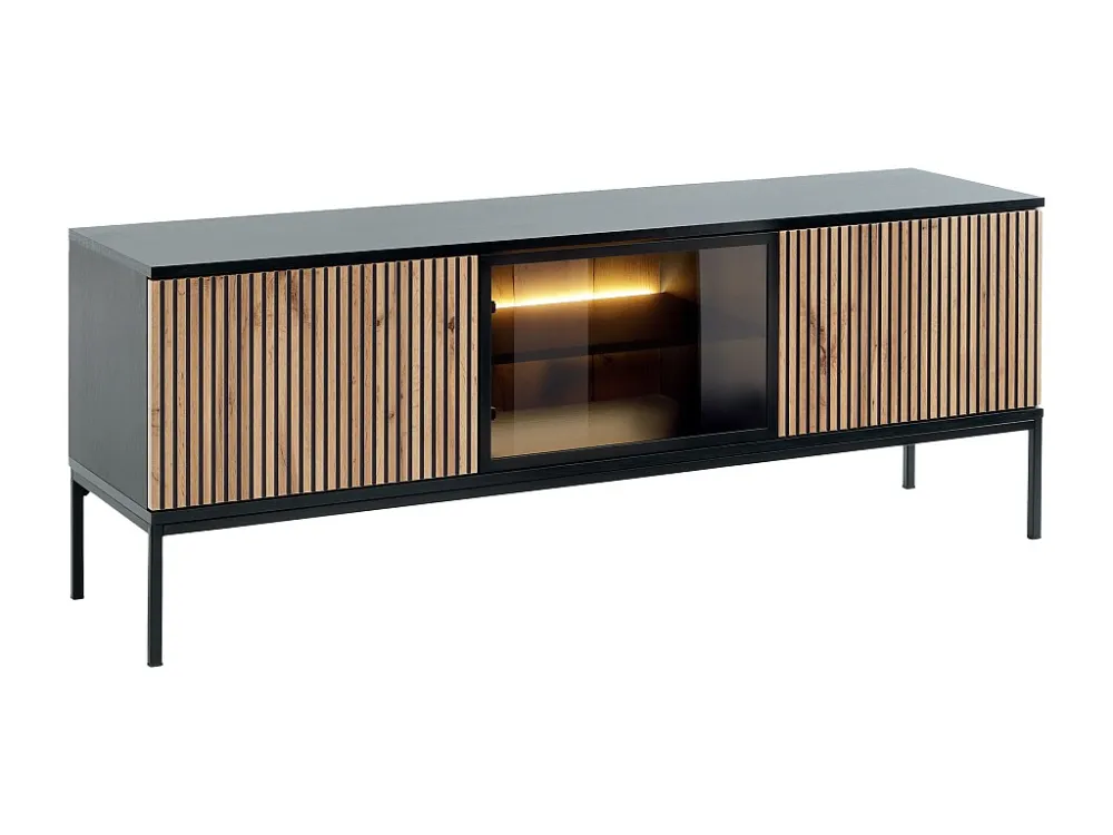 Tv-meubel met 3 deurtjes met ledverlichting van mdf en gerookt glas - Licht naturel en zwart - OVILA