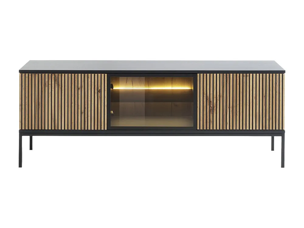 Tv-meubel met 3 deurtjes met ledverlichting van mdf en gerookt glas - Licht naturel en zwart - OVILA