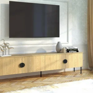Tv-meubel met 4 deurtjes - Naturel en zwart - NATANIEL