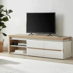 Tv-meubel met 2 deurtjes en 2 nissen met ledverlichting van mdf - Wit gelakt en naturel - VADEMOSA