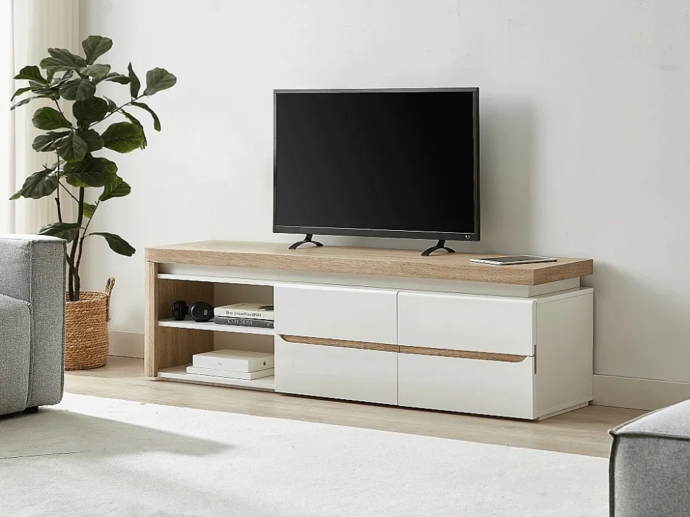 Tv-meubel met 2 deurtjes en 2 nissen met ledverlichting van mdf - Wit gelakt en naturel - VADEMOSA