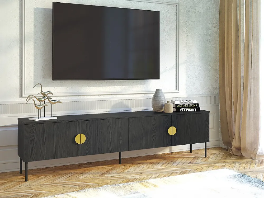 Tv-meubel met 4 deurtjes - Zwart en goudkleurig - NATANIEL