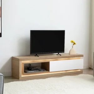 Tv-meubel met 1 lade en 1 nis met ledverlichting van mdf - Naturel en wit gelakt - FLARANCIA