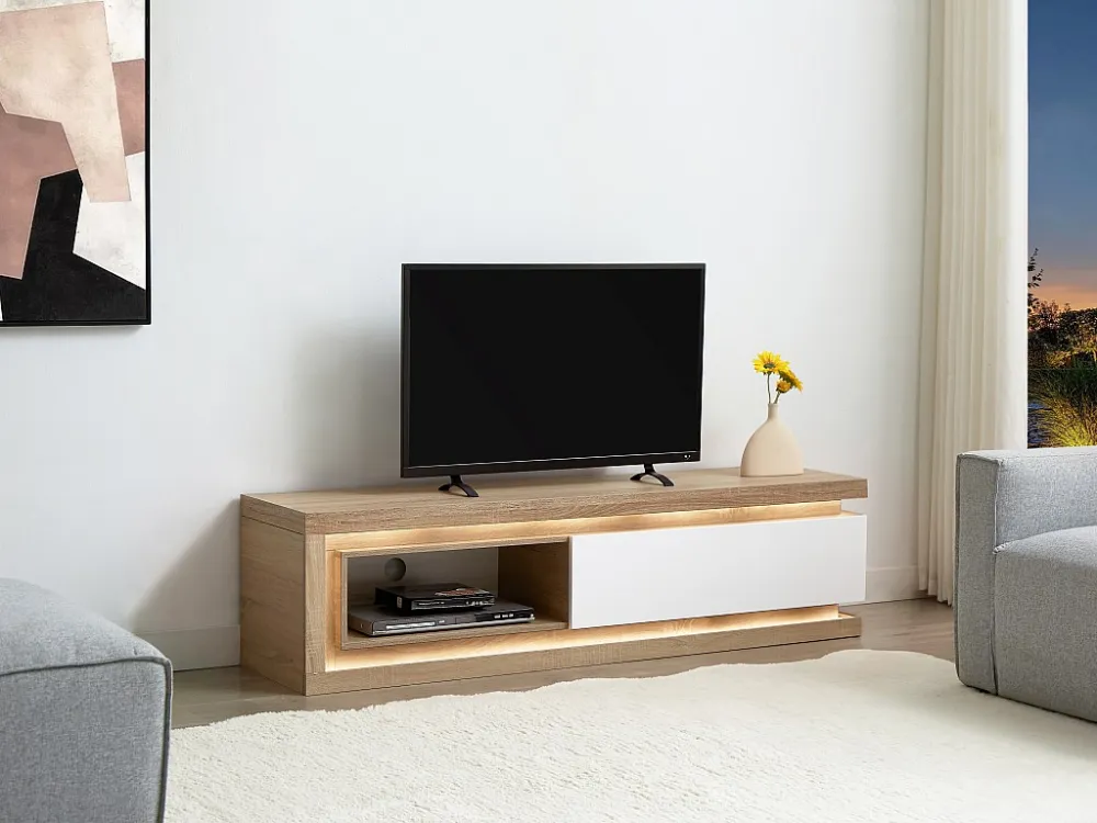 Tv-meubel met 1 lade en 1 nis met ledverlichting van mdf - Naturel en wit gelakt - FLARANCIA