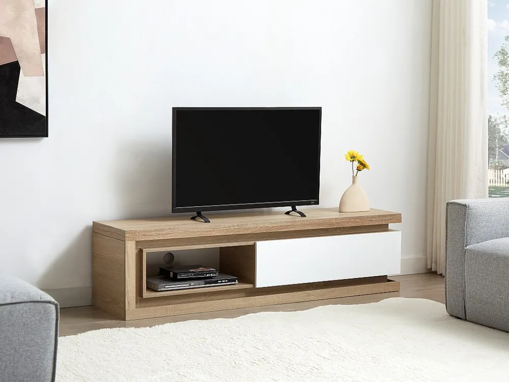 Tv-meubel met 1 lade en 1 nis met ledverlichting van mdf - Naturel en wit gelakt - FLARANCIA