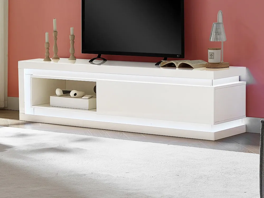 Tv-meubel met 1 lade en 1 nis met ledverlichting van mdf - Wit gelakt - FLARANCIA