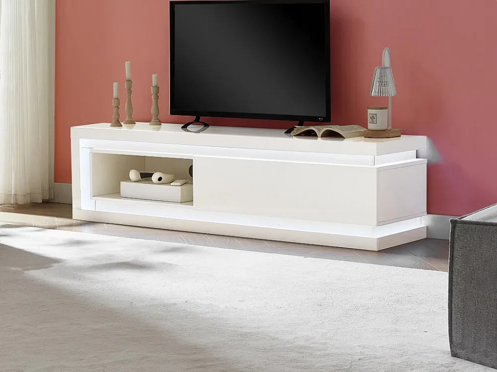 Tv-meubel met 1 lade en 1 nis met ledverlichting van mdf - Wit gelakt - FLARANCIA