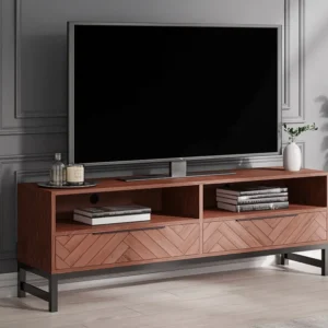 Tv-meubel met 2 laden van acaciahout met chevron-effect en metaal - Naturel en zwart - VEDILA