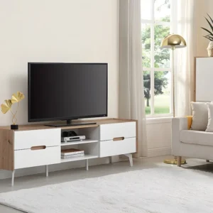Tv-meubel met 4 lades en 2 nissen - Mdf en metaal - Witgelakt en naturelkleurig - CAYANA