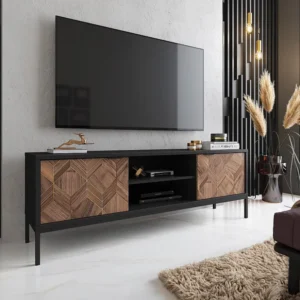 Tv-meubel met 2 lades en 2 nissen - Zwart en donker naturel - MIALINE