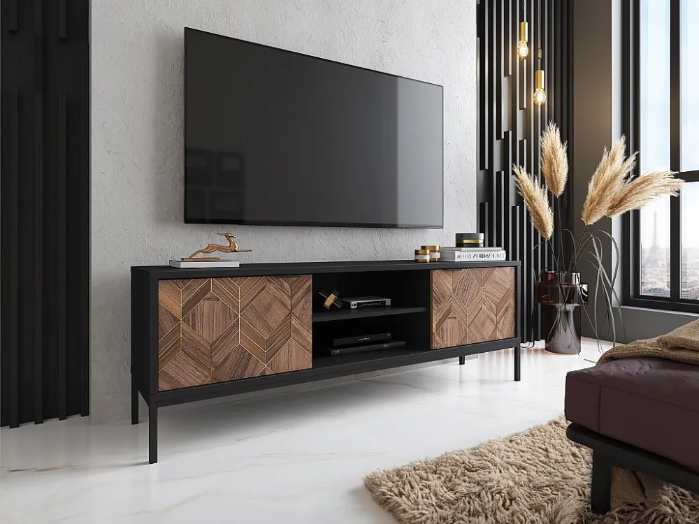 Tv-meubel met 2 lades en 2 nissen - Zwart en donker naturel - MIALINE