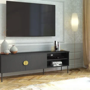 Tv-meubel met 2 lades en 2 nissen - Zwart en goudkleurig - NATANIEL