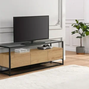 Tv-meubel met 3 lades van mdf, gehard glas en metaal - Licht naturel en zwart - CAMATA