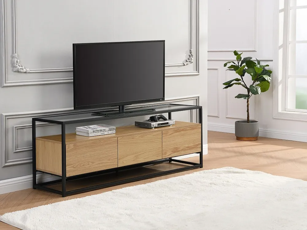 Tv-meubel met 3 lades van mdf, gehard glas en metaal - Licht naturel en zwart - CAMATA