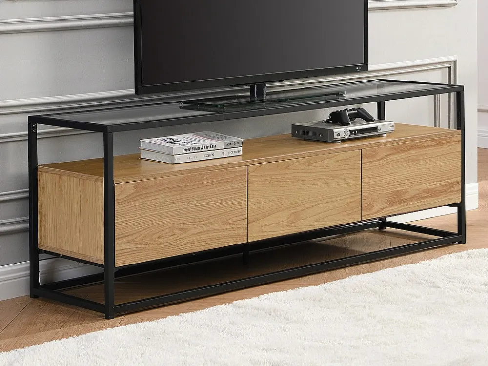 Tv-meubel met 3 lades van mdf, gehard glas en metaal - Licht naturel en zwart - CAMATA