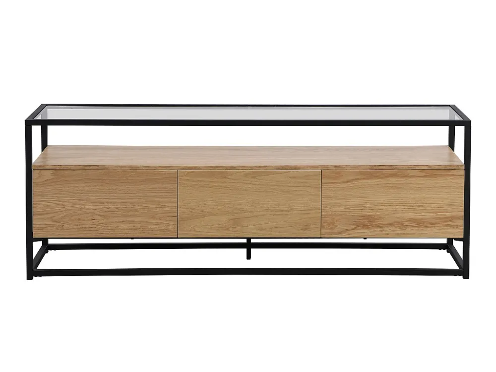 Tv-meubel met 3 lades van mdf, gehard glas en metaal - Licht naturel en zwart - CAMATA