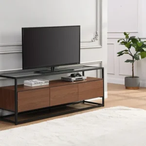 Tv-meubel met 3 lades van mdf, gehard glas en metaal - Donker naturel en zwart - CAMATA