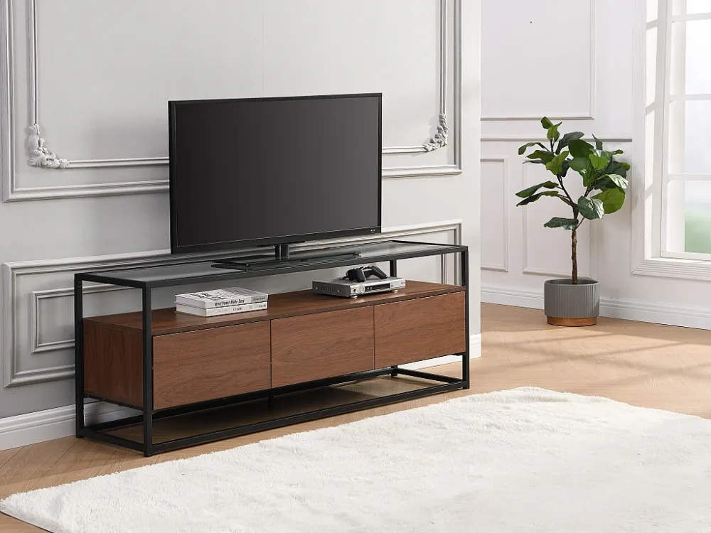 Tv-meubel met 3 lades van mdf, gehard glas en metaal - Donker naturel en zwart - CAMATA