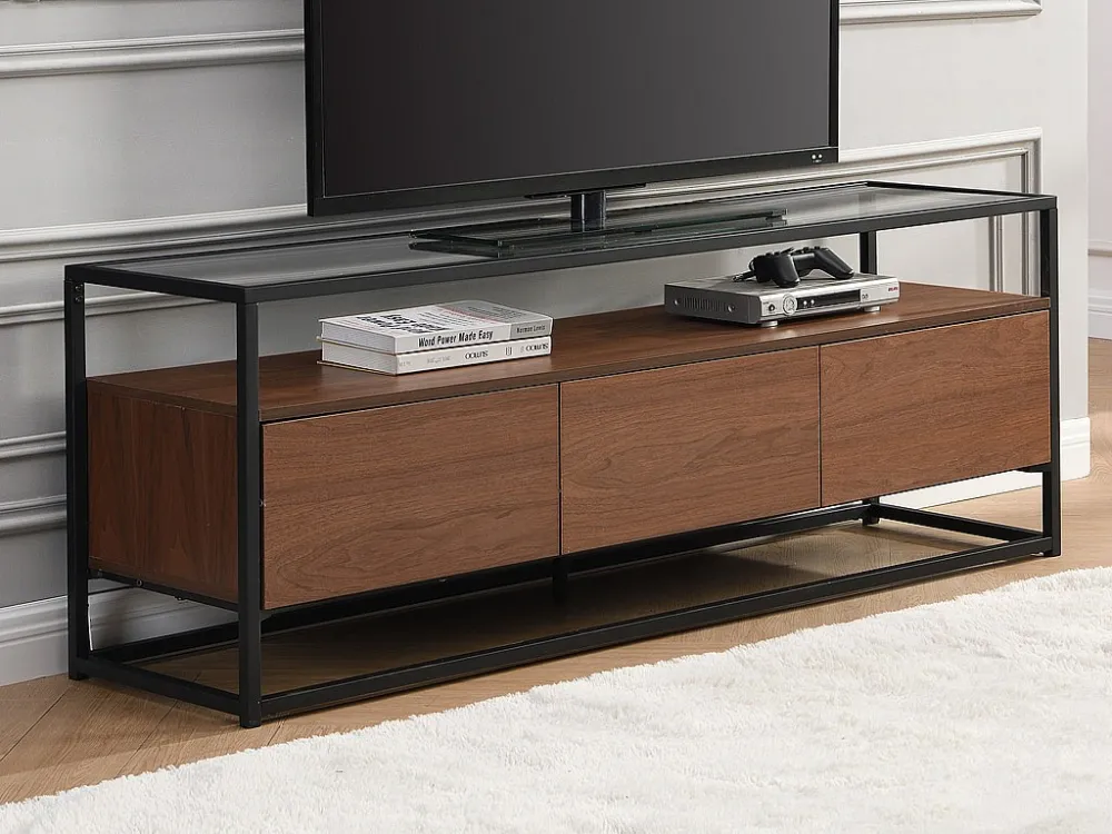 Tv-meubel met 3 lades van mdf, gehard glas en metaal - Donker naturel en zwart - CAMATA