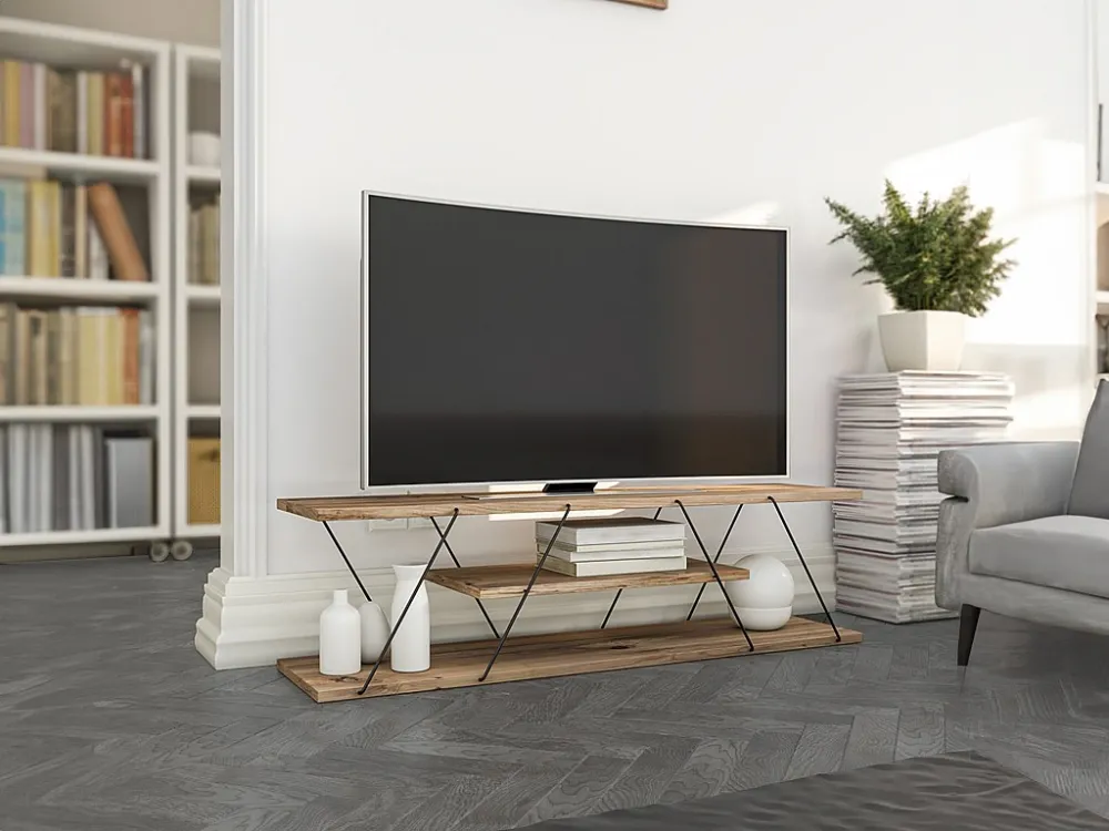 TV-meubel met 2 legplanken - Naturel en zwart - DELORY - Koop nu eenvoudig online