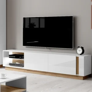 TV-meubel MURARI - 2 deuren en 2 nissen - met ledverlichting - Hoogglans wit en eiken