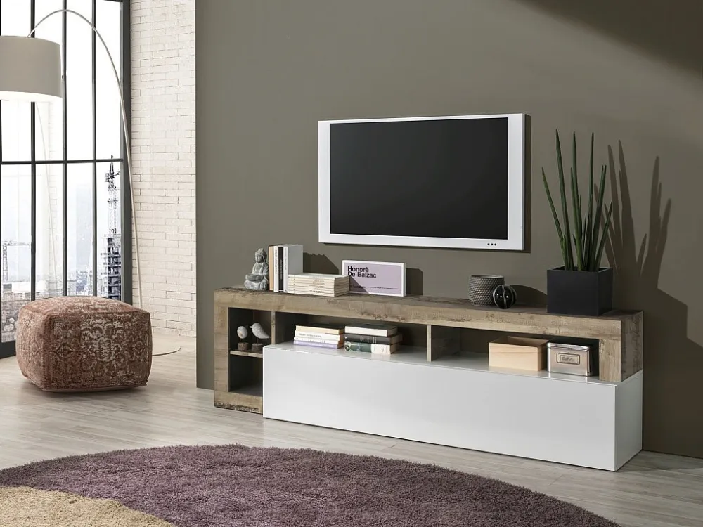 TV-meubel SEFRO - 1 deur & 4 nissen - Witgelakt en eiken - Koop nu eenvoudig en goedkoop