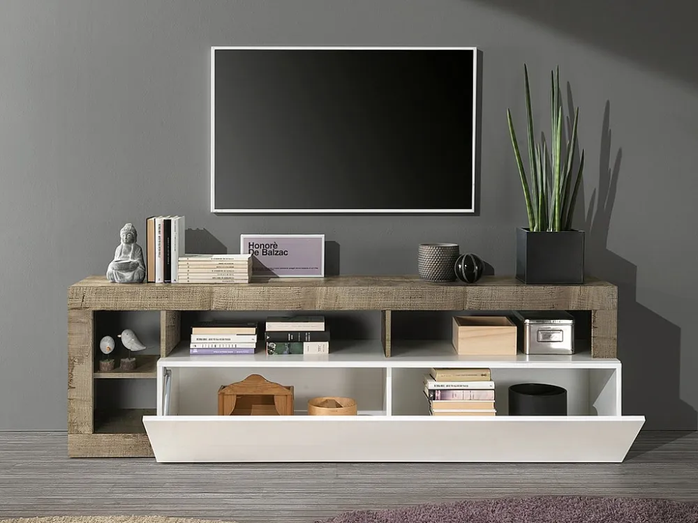 TV-meubel SEFRO - 1 deur & 4 nissen - Witgelakt en eiken - Koop nu eenvoudig en goedkoop