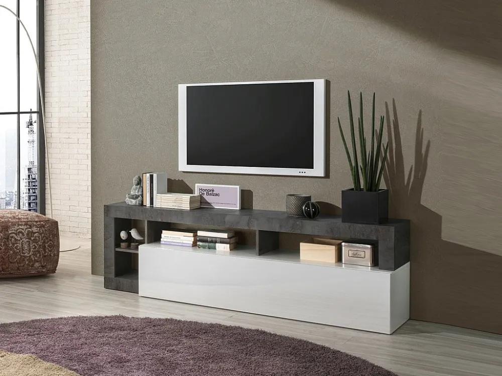 TV-meubel SEFRO - 1 deur & 4 nissen - Witgelakt en betonkleur - Koop nu eenvoudig online