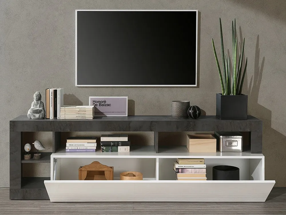 TV-meubel SEFRO - 1 deur & 4 nissen - Witgelakt en betonkleur - Koop nu eenvoudig online