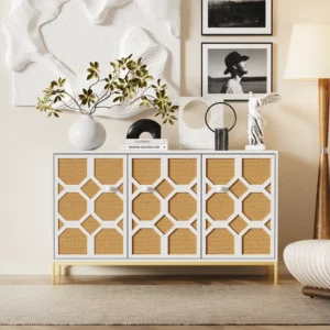 Buffet 120x40x71.5cm, avec 3 portes, porte en rotin texturé, comprenant étagères réglables, pieds dorés, blanc