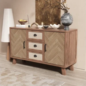 Buffet 120x40x80cm, buffet à chevrons avec 2 portes et 3 tiroirs, pieds en bois massif, Naturel