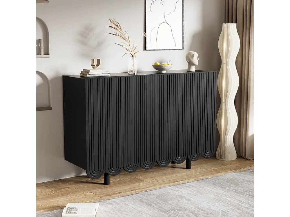 Buffet 120x80.8x37.5cm, buffet en forme de larme avec 4 portes profilées et charnière tampon, noir