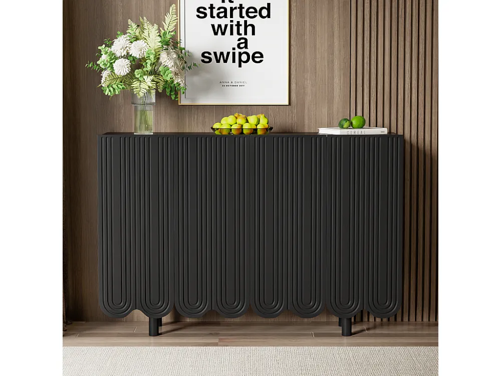 Buffet 120x80.8x37.5cm, buffet en forme de larme avec 4 portes profilées et charnière tampon, noir