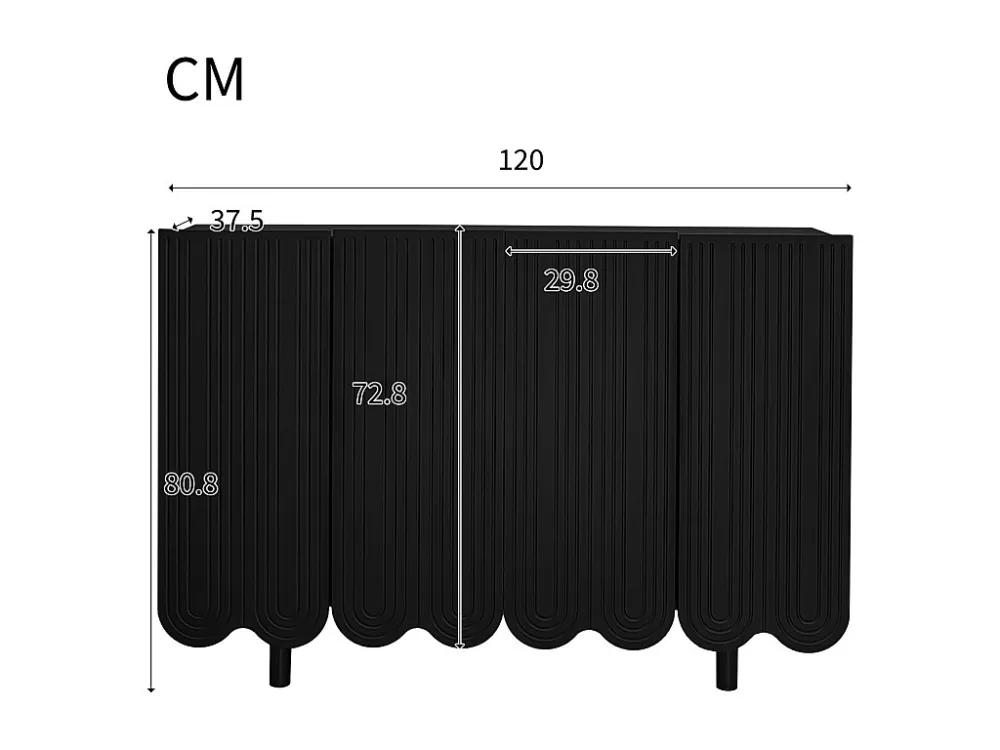 Buffet 120x80.8x37.5cm, buffet en forme de larme avec 4 portes profilées et charnière tampon, noir
