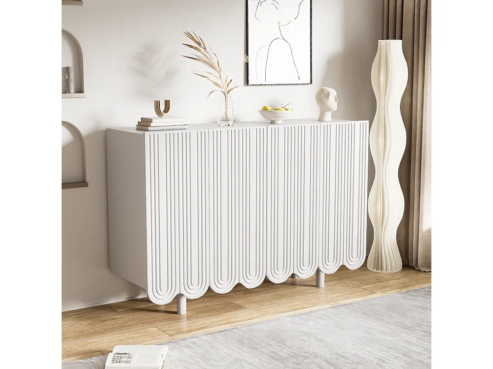 Buffet 120x80.8x37.5cm, buffet en forme de larme avec 4 portes profilées et charnière tampon, blanc