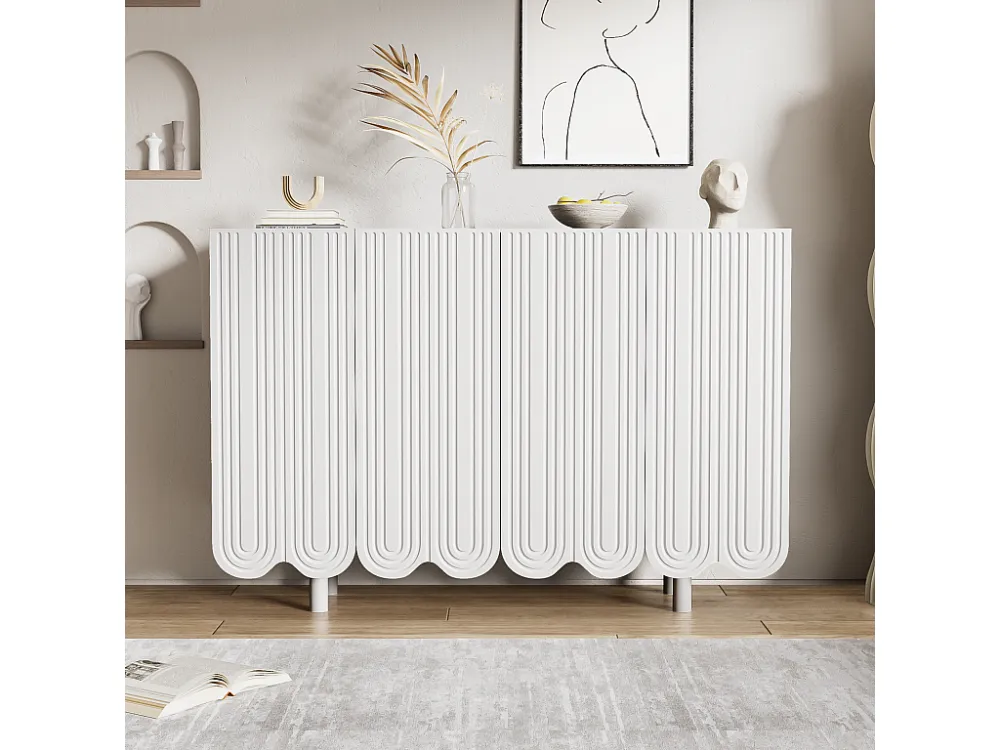 Buffet 120x80.8x37.5cm, buffet en forme de larme avec 4 portes profilées et charnière tampon, blanc