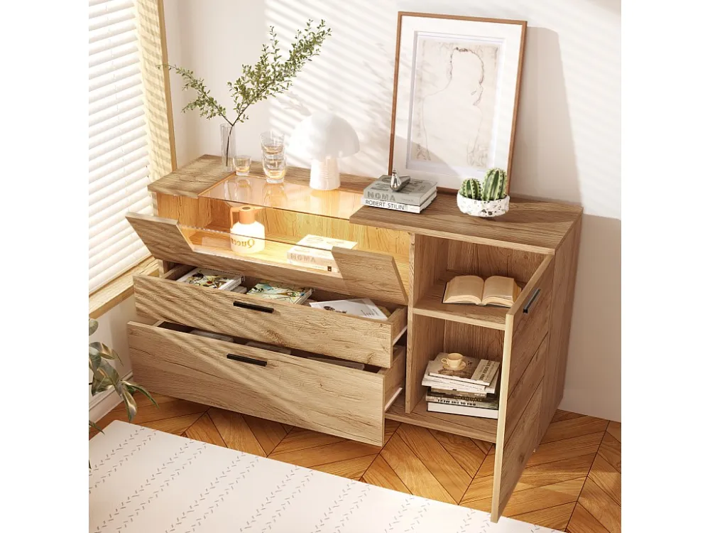 Buffet 140x38x79.5cm, avec porte en verre et éclairage LED commandés par application, 2 grands tiroirs, Naturel