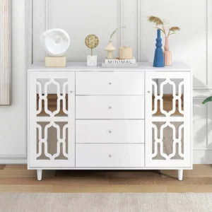 Buffet 147.5x40x102cm, avec 2 portes et 4 tiroirs, porte avec verre pour salon, salle à manger, blanc