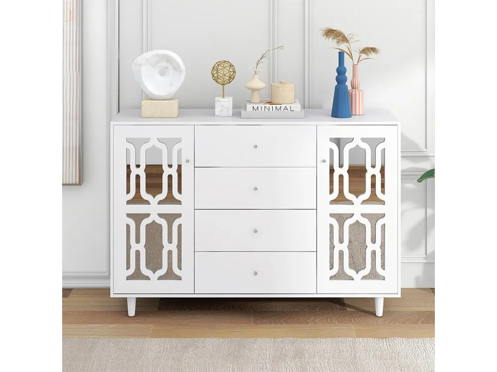 Buffet 147.5x40x102cm, avec 2 portes et 4 tiroirs, porte avec verre pour salon, salle à manger, blanc
