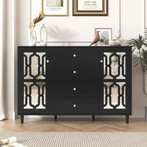 Buffet 147.5x40x102cm, avec 2 portes et 4 tiroirs, porte avec verre pour salon, salle à manger, noir