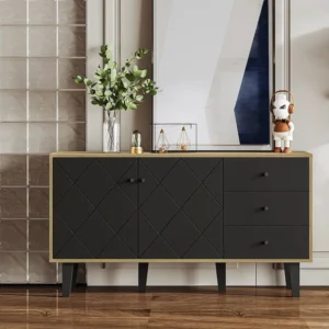 Buffet 148x42x81cm, armoire avec 2 portes et 3 tiroirs, étagère réglable pour salle à manger, salon ou cuisine, noir