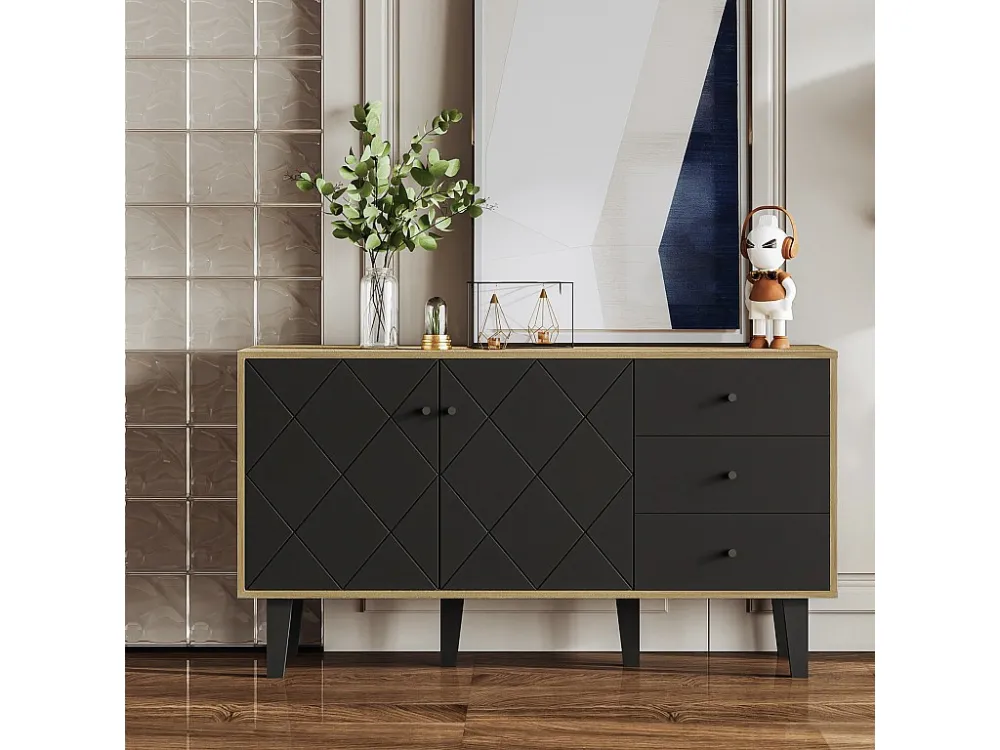 Buffet 148x42x81cm, armoire avec 2 portes et 3 tiroirs, étagère réglable pour salle à manger, salon ou cuisine, noir