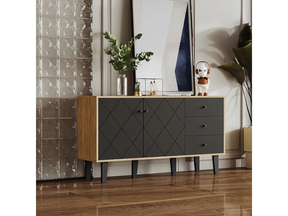Buffet 148x42x81cm, armoire avec 2 portes et 3 tiroirs, étagère réglable pour salle à manger, salon ou cuisine, noir