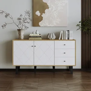 Buffet 148x42x81cm, armoire avec 2 portes et 3 tiroirs, étagère réglable pour salle à manger, salon ou cuisine, blanc